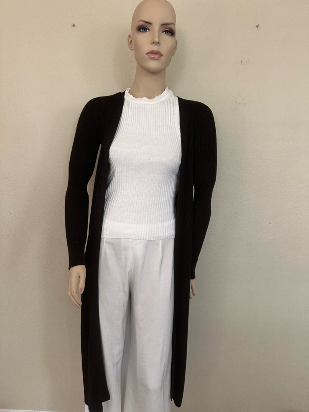 WHBM Black Long Sleeve Open Front Maxi Duster Cardigan Sweater